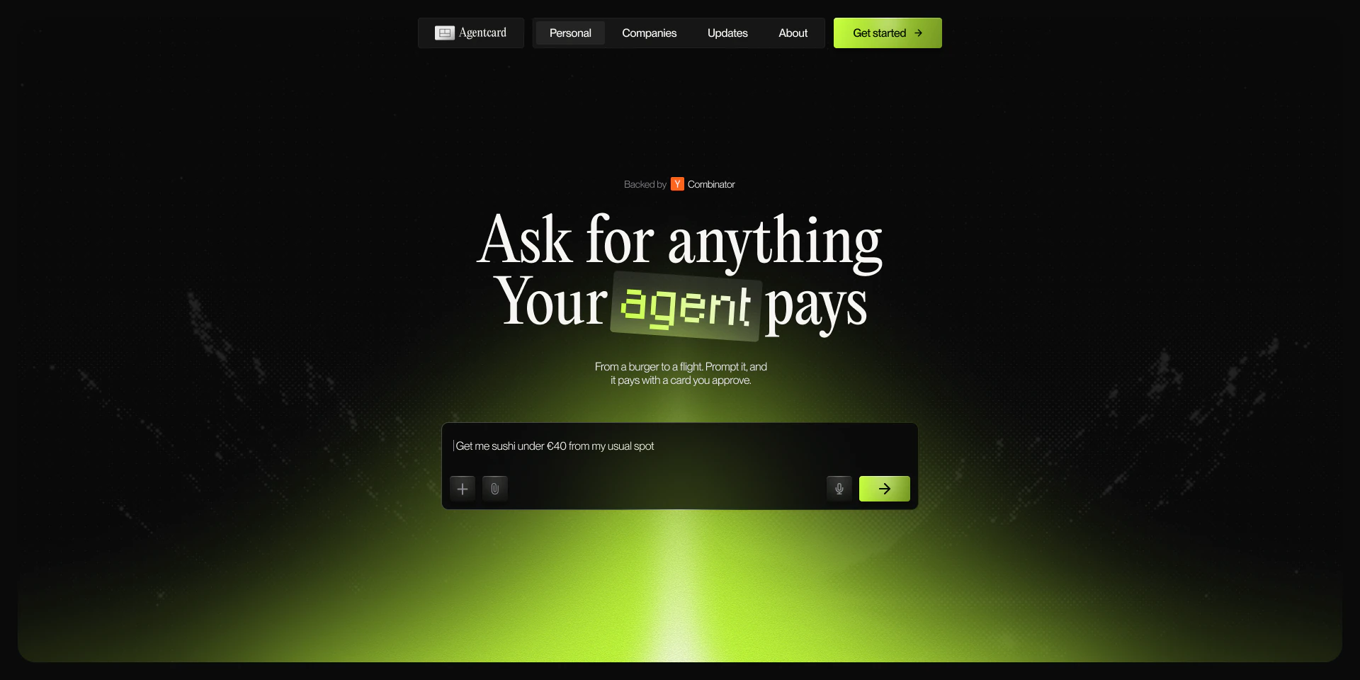 Agentcard concept hero page with an AI purchasing prompt and electric green lighting
