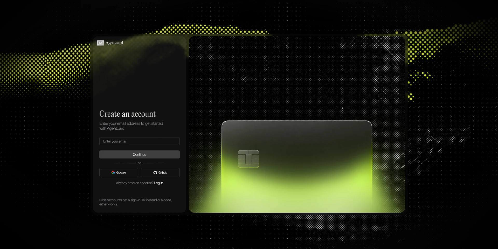 Agentcard concept account creation page with a luminous virtual payment card