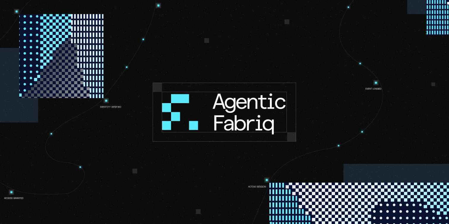 Agentic Fabriq concept identity with a modular cyan mark, woven grid patterns and connected network paths