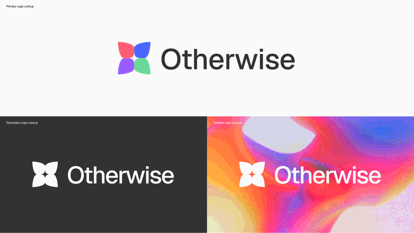 Otherwise logo system: the primary colorful symbol and dark wordmark, a reversed white lockup on charcoal, and a white lockup over the colorful dither gradient